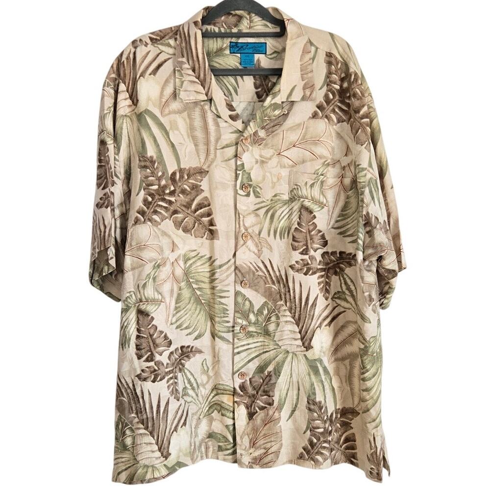 Vintage Y2K Quiet Luxury Resortwear 100% Silk Tropical Leaf Print Button Up XXL